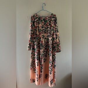 Elegant Floral Tea Length Long Sleeve Dress in Pink and Green